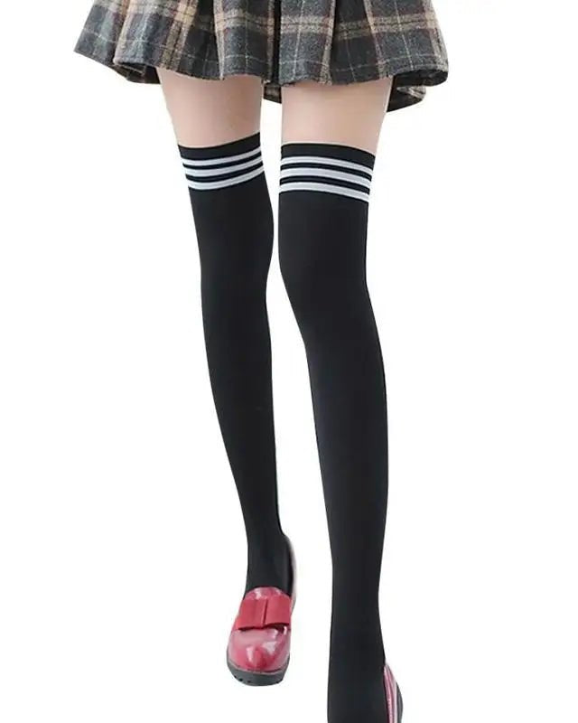 School Girl Inspired Tall Thigh High Stockings with Stripes - Cosparty