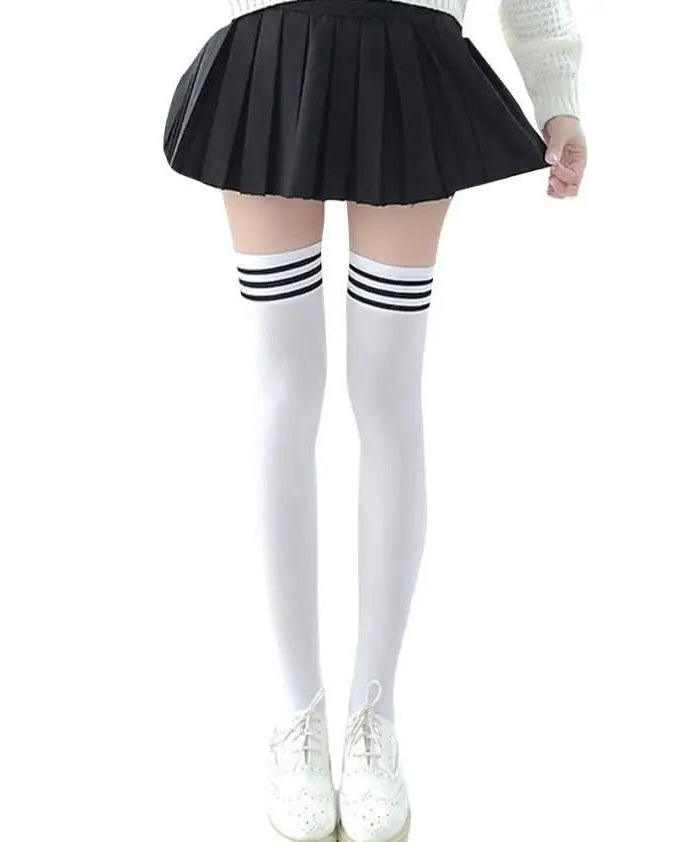 School Girl Inspired Tall Thigh High Stockings with Stripes - Cosparty