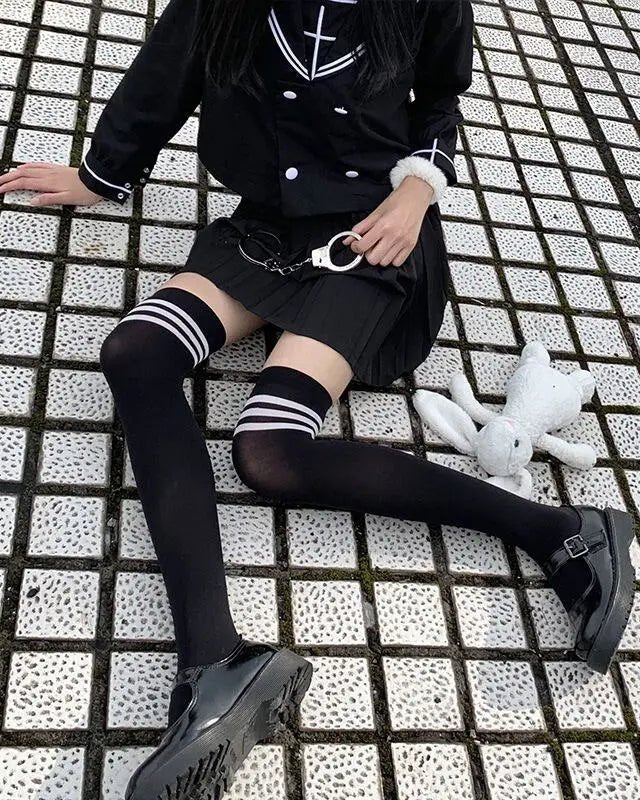 School Girl Inspired Tall Thigh High Stockings with Stripes - Cosparty