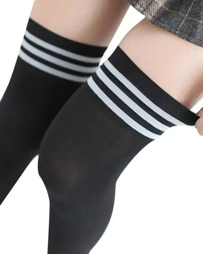 School Girl Inspired Tall Thigh High Stockings with Stripes - Cosparty