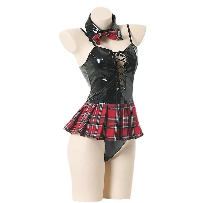 Seductive Latex Student Lingerie Bodysuit with Tartan Plaid Accents - Cosparty