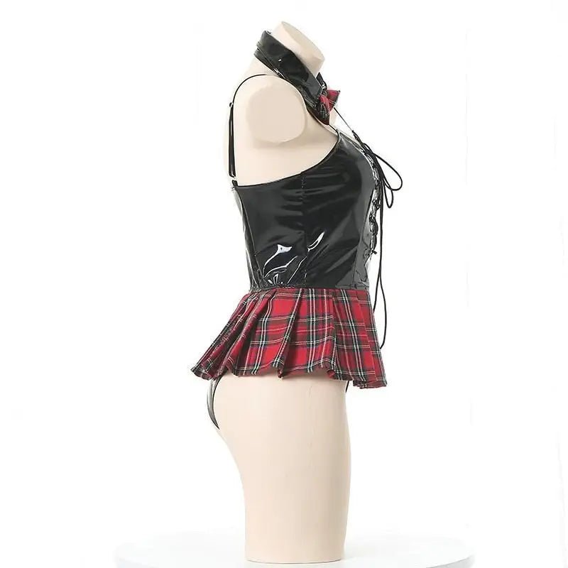 Seductive Latex Student Lingerie Bodysuit with Tartan Plaid Accents - Cosparty