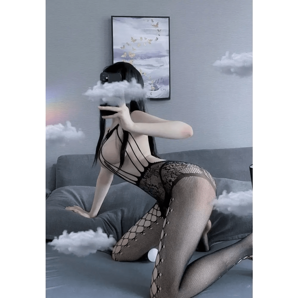 Seductive Nylon Mesh Peekaboo Bodystocking with Nipple Covers Showcase - Cosparty