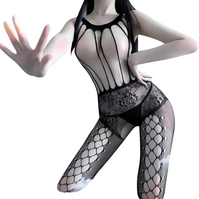 Seductive Nylon Mesh Peekaboo Bodystocking with Nipple Covers Showcase - Cosparty