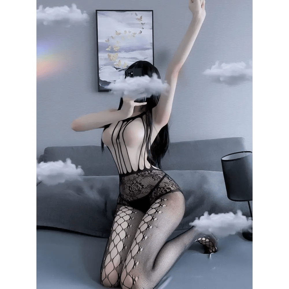 Seductive Nylon Mesh Peekaboo Bodystocking with Nipple Covers Showcase - Cosparty