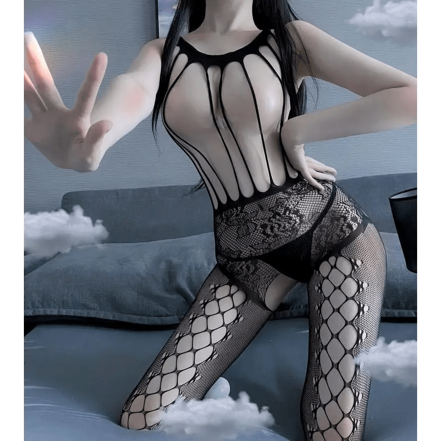 Seductive Nylon Mesh Peekaboo Bodystocking with Nipple Covers Showcase - Cosparty