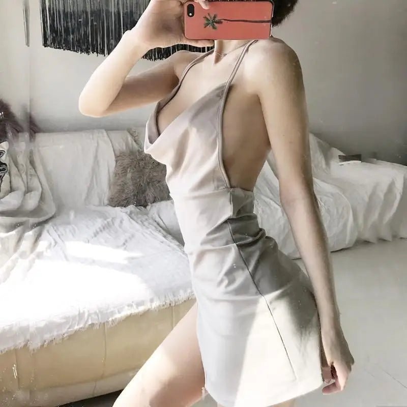 Seductive Satin Dress with Rhinestone Chains and High Slit - Cosparty