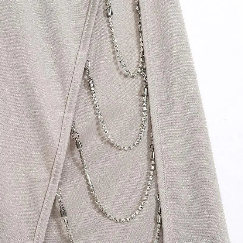 Seductive Satin Dress with Rhinestone Chains and High Slit - Cosparty