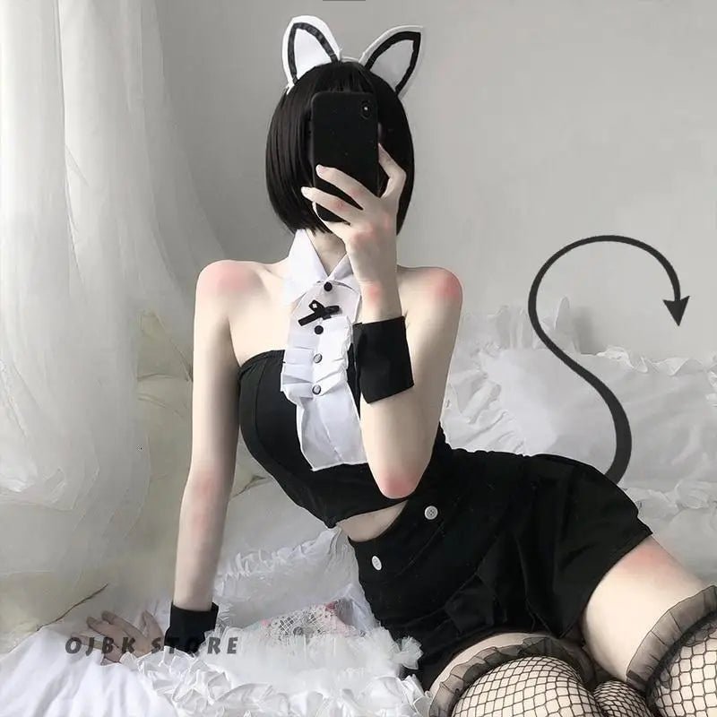 Seductive Tuxedo Cat Maid Lingerie Set with Bows and Frills - Cosparty