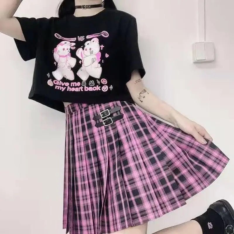 Sickly Sweet Pastel Goth Crop Top with Fighter Bunny Design - Cosparty