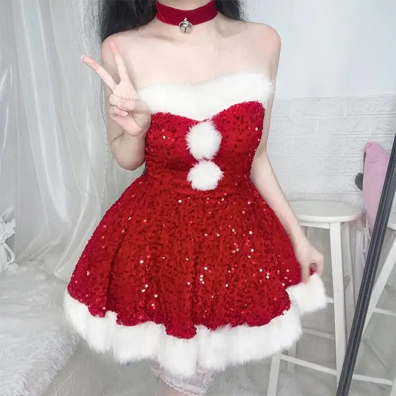 Sparkly Santa Claus Inspired Dress with Hat and Choker - Cosparty