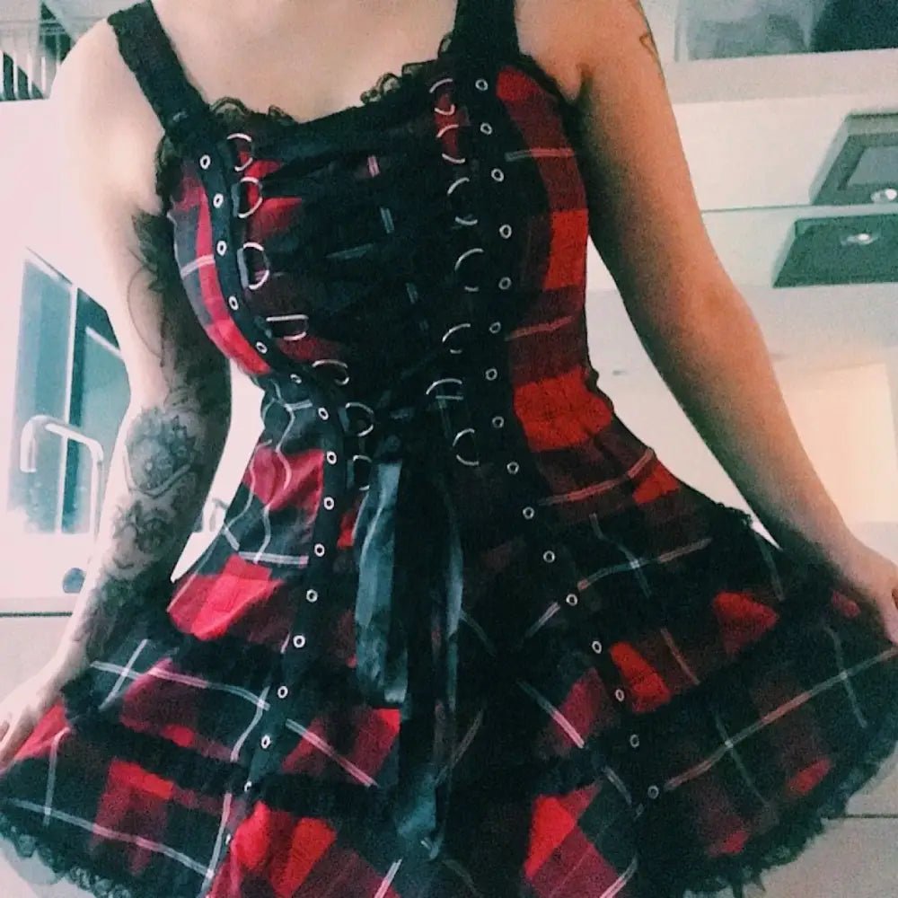 Spooky Tartan Plaid Lace - Up Gothic Dress for Dark Fashion Lovers - Cosparty