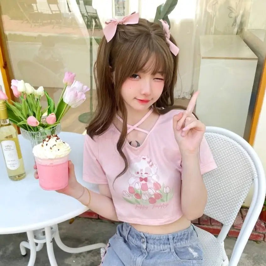 Spring Bunny Crop Top with 5cm Sleeve in Pink and White - Cosparty