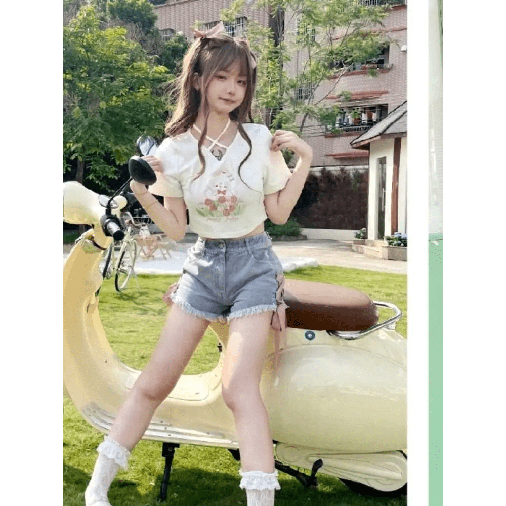 Spring Bunny Crop Top with 5cm Sleeve in Pink and White - Cosparty