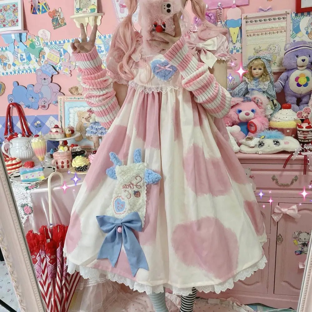 Strawberry Cow Print Lolita Dress for Pastel Princesses - Cosparty