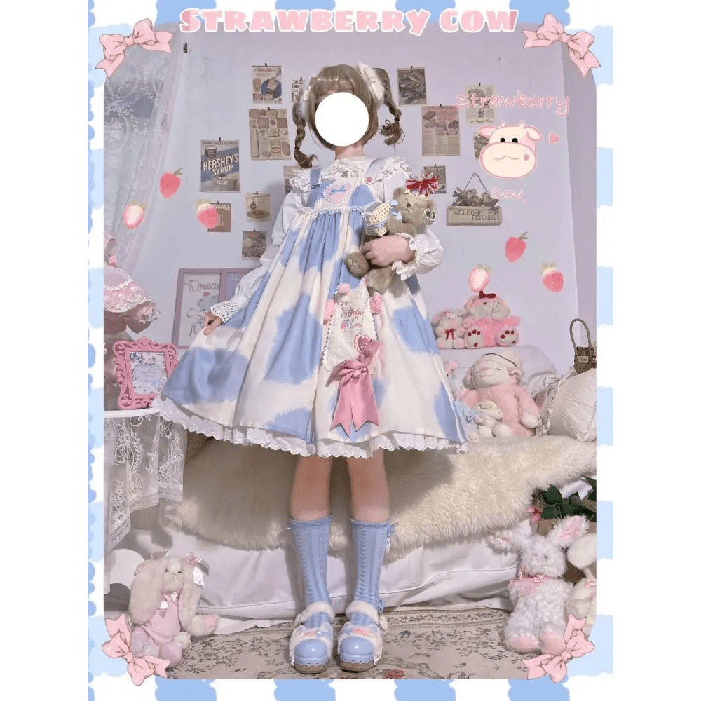 Strawberry Cow Print Lolita Dress for Pastel Princesses - Cosparty