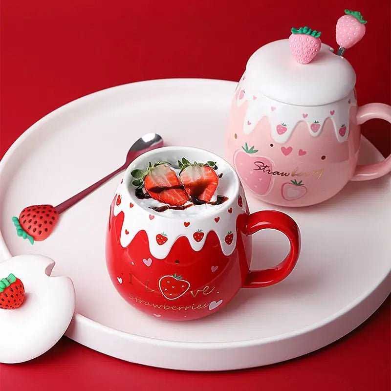 Strawberry Desert Mugs with Lid and Spoon for a Kawaii Morning - Cosparty