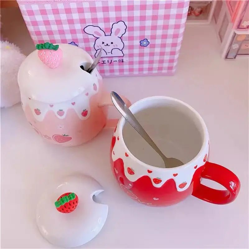 Strawberry Desert Mugs with Lid and Spoon for a Kawaii Morning - Cosparty