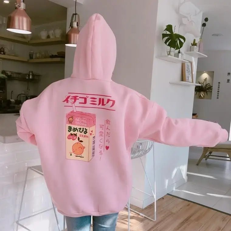 Strawberry Milk Kawaii Hoodie in Pastel Pink Inspired by Japanese Fashion - Cosparty