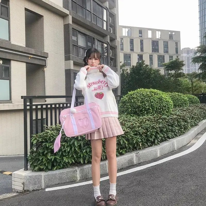 Strawberry Milk Knit Sweater with Hand Embroidery Details - Cosparty