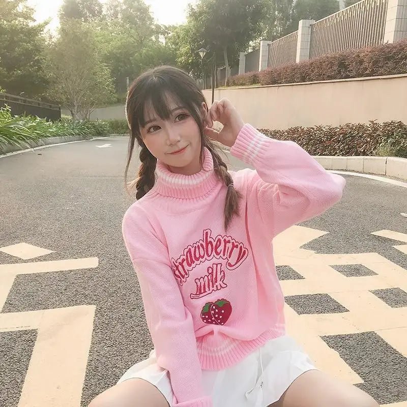 Strawberry Milk Knit Sweater with Hand Embroidery Details - Cosparty