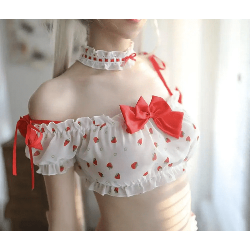 Strawberry Polkadot Farm Girl Lingerie Set - Cosparty