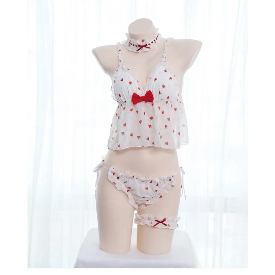 Strawberry Polkadot Lingerie Set with Ruffles and Garter Belts - Cosparty