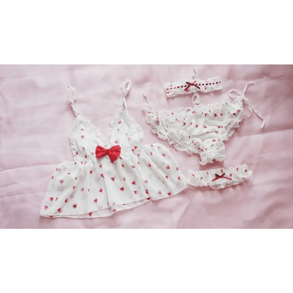 Strawberry Polkadot Lingerie Set with Ruffles and Garter Belts - Cosparty