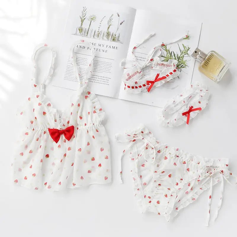 Strawberry Polkadot Lingerie Set with Ruffles and Garter Belts - Cosparty