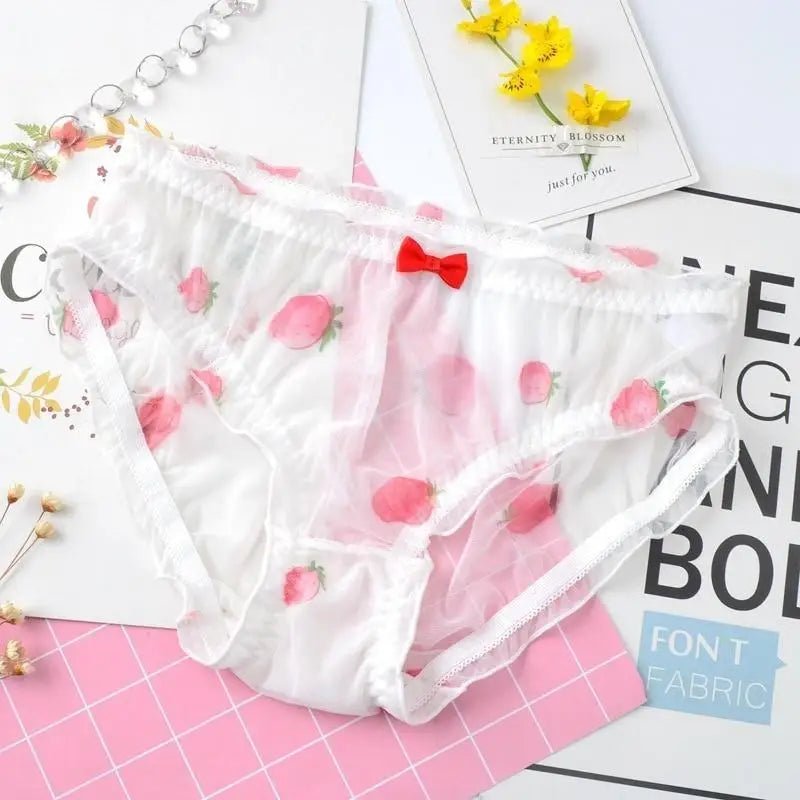 Strawberry Print Lace Trim Underwear with Bow Design - Cosparty