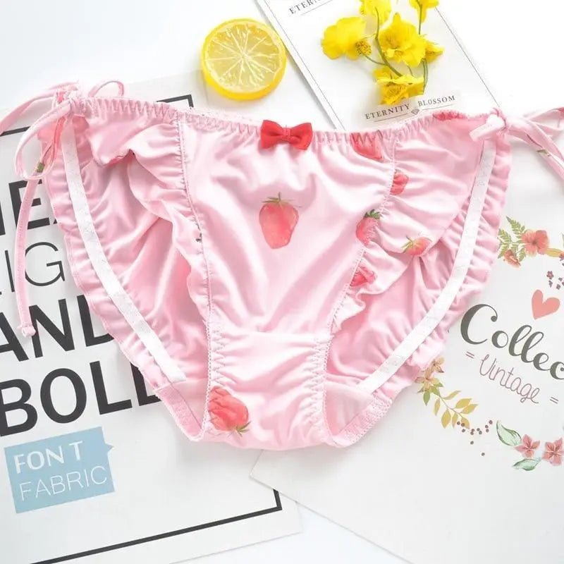 Strawberry Print Lace Trim Underwear with Bow Design - Cosparty