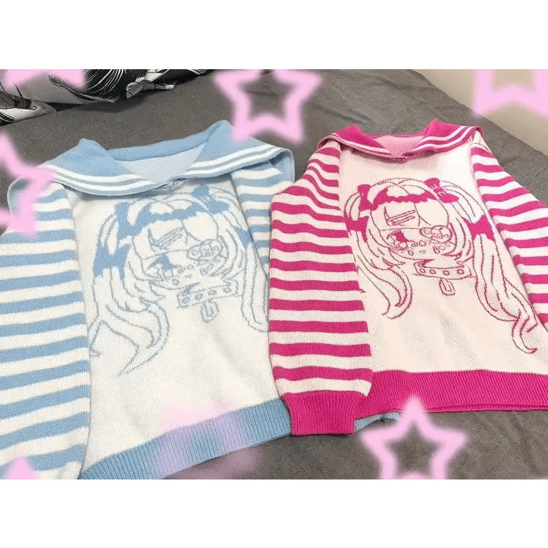 Striped eGirl Knit Hoodie for Anime and Kawaii Fashion Lovers - Cosparty