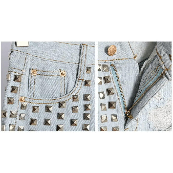 Studded Distressed Jean Shorts for an Edgy Summer Look - Cosparty