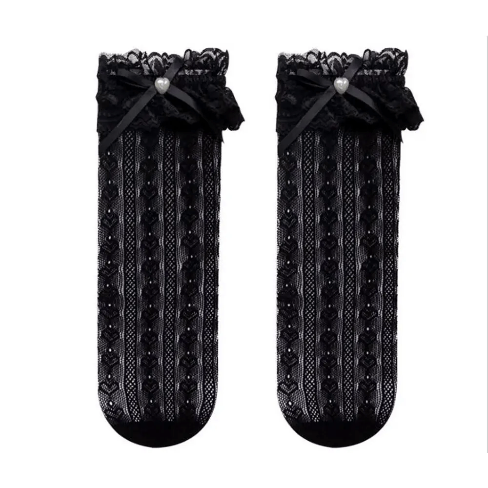 Stunning Lace Knee - High Stockings with Ruffles and Pearl Ribbon - Cosparty