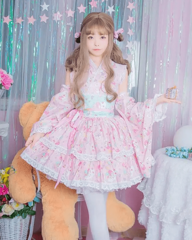 Stunning Pink or Blue Ruffled Kimono Dress in Lolita Style - Cosparty