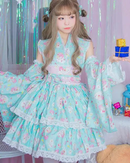Stunning Pink or Blue Ruffled Kimono Dress in Lolita Style - Cosparty
