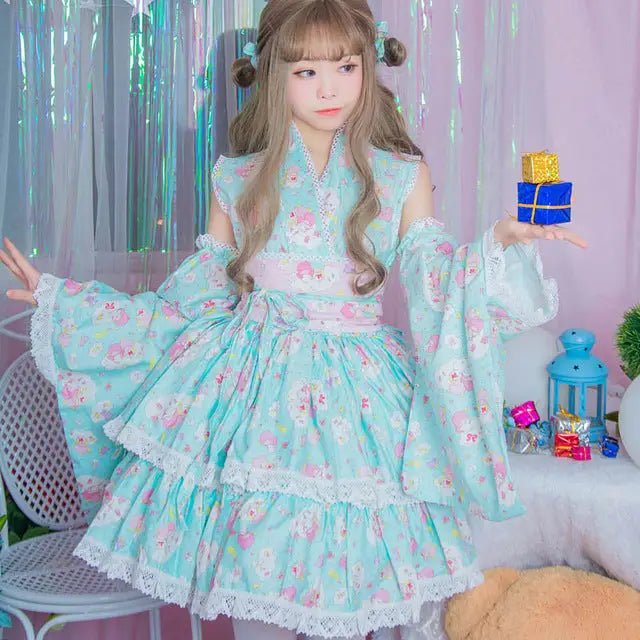 Stunning Pink or Blue Ruffled Kimono Dress in Lolita Style - Cosparty