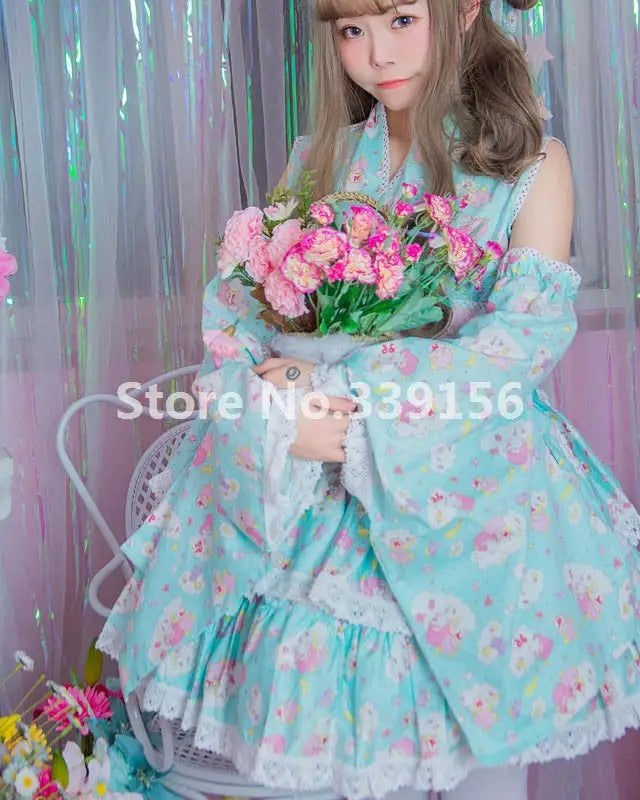 Stunning Pink or Blue Ruffled Kimono Dress in Lolita Style - Cosparty