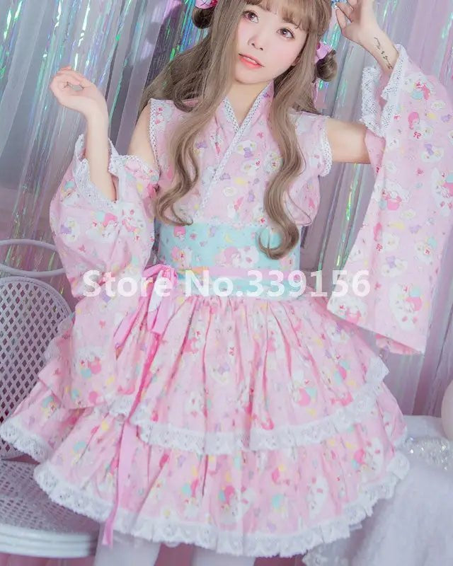Stunning Pink or Blue Ruffled Kimono Dress in Lolita Style - Cosparty