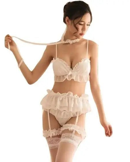 Sweet Chiffon Ruffled Lingerie Set with Thigh Garters and Collar - Cosparty