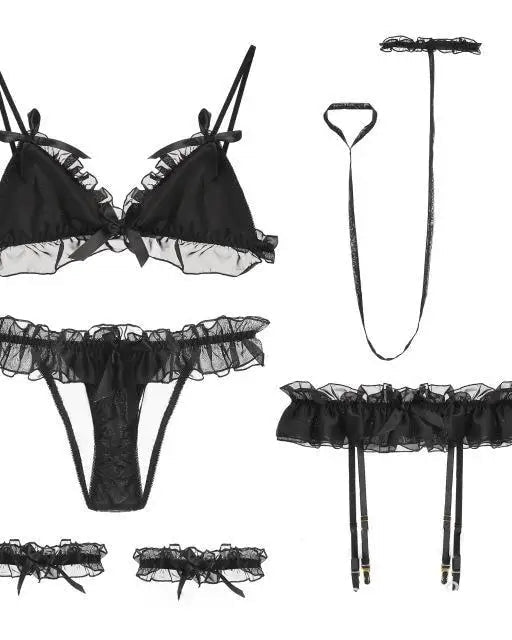 Sweet Chiffon Ruffled Lingerie Set with Thigh Garters and Collar - Cosparty