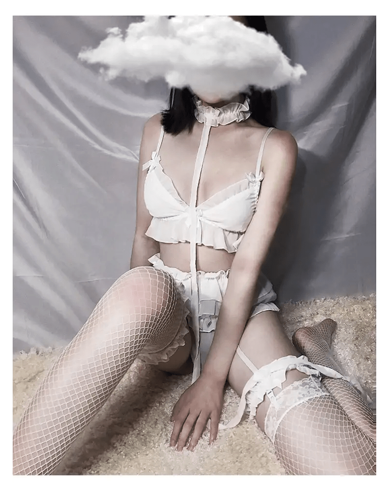 Sweet Chiffon Ruffled Lingerie Set with Thigh Garters and Collar - Cosparty