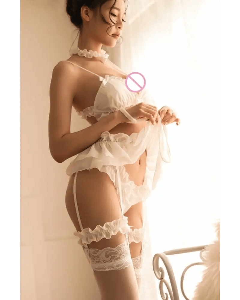 Sweet Chiffon Ruffled Lingerie Set with Thigh Garters and Collar - Cosparty