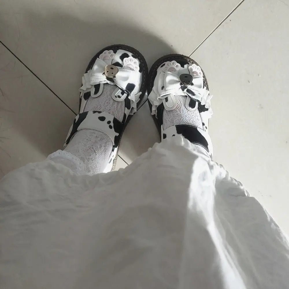 Sweet Cow Print Maryjane Shoes with Embellished Bow and Paw Prints - Cosparty