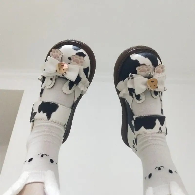 Sweet Cow Print Maryjane Shoes with Embellished Bow and Paw Prints - Cosparty
