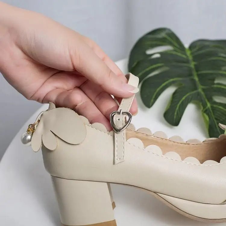 Sweet Lolita Fashion Shoes with Scalloped Trim and Heart Buckles - Cosparty