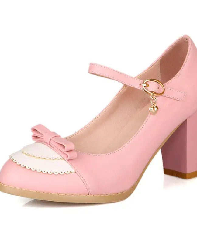Sweet Lolita Heels with Lace Trim and Bow Details - Cosparty