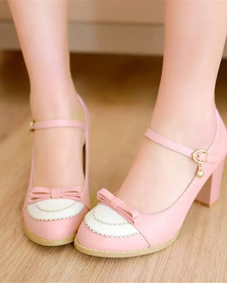 Sweet Lolita Heels with Lace Trim and Bow Details - Cosparty