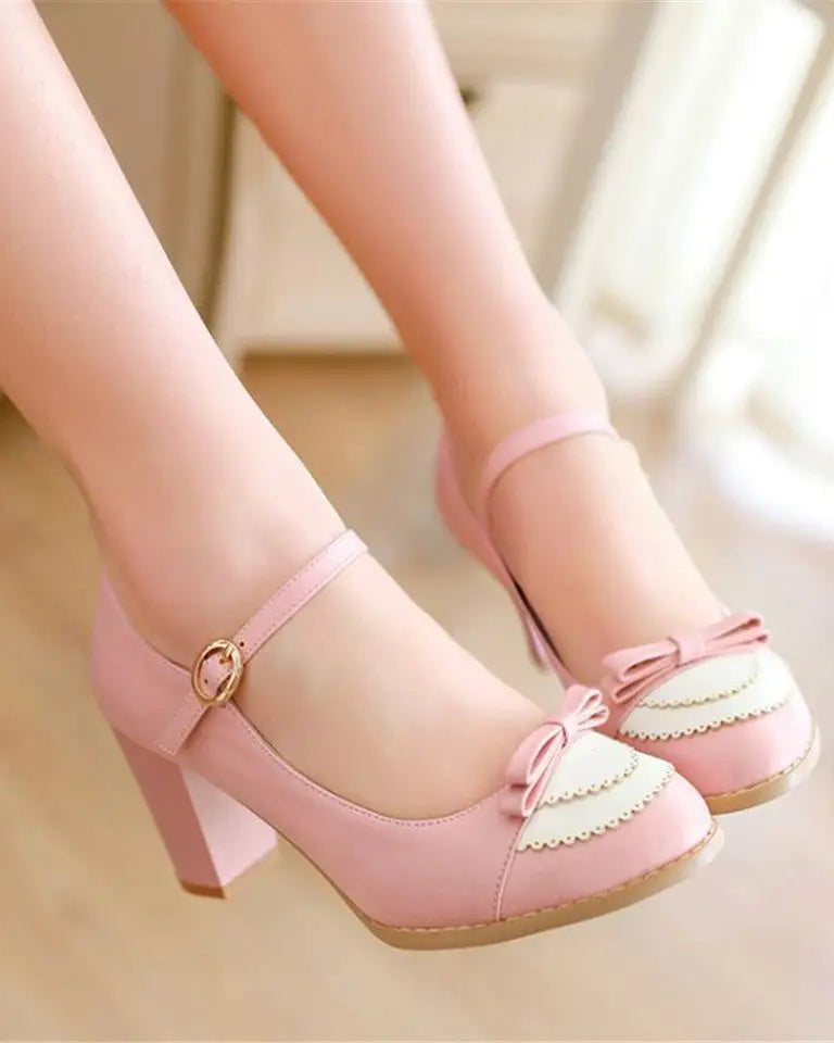 Sweet Lolita Heels with Lace Trim and Bow Details - Cosparty