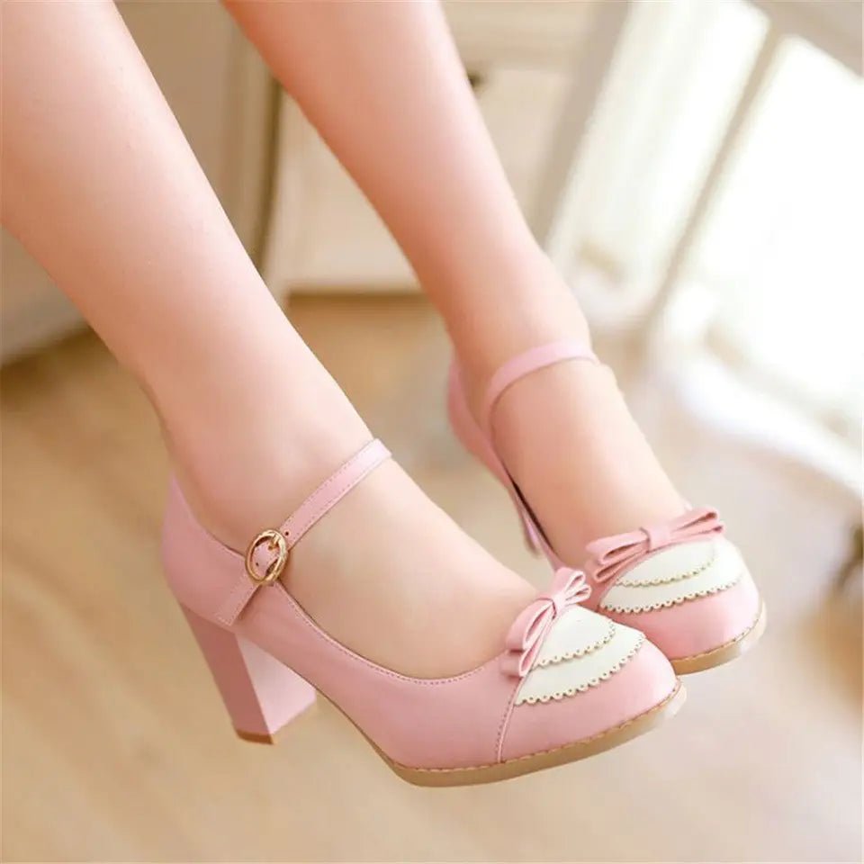 Sweet Lolita Heels with Lace Trim and Bow Details - Cosparty